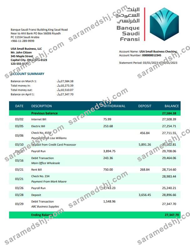 Banque Saudi Fransi company checking account statement Word and PDF template
